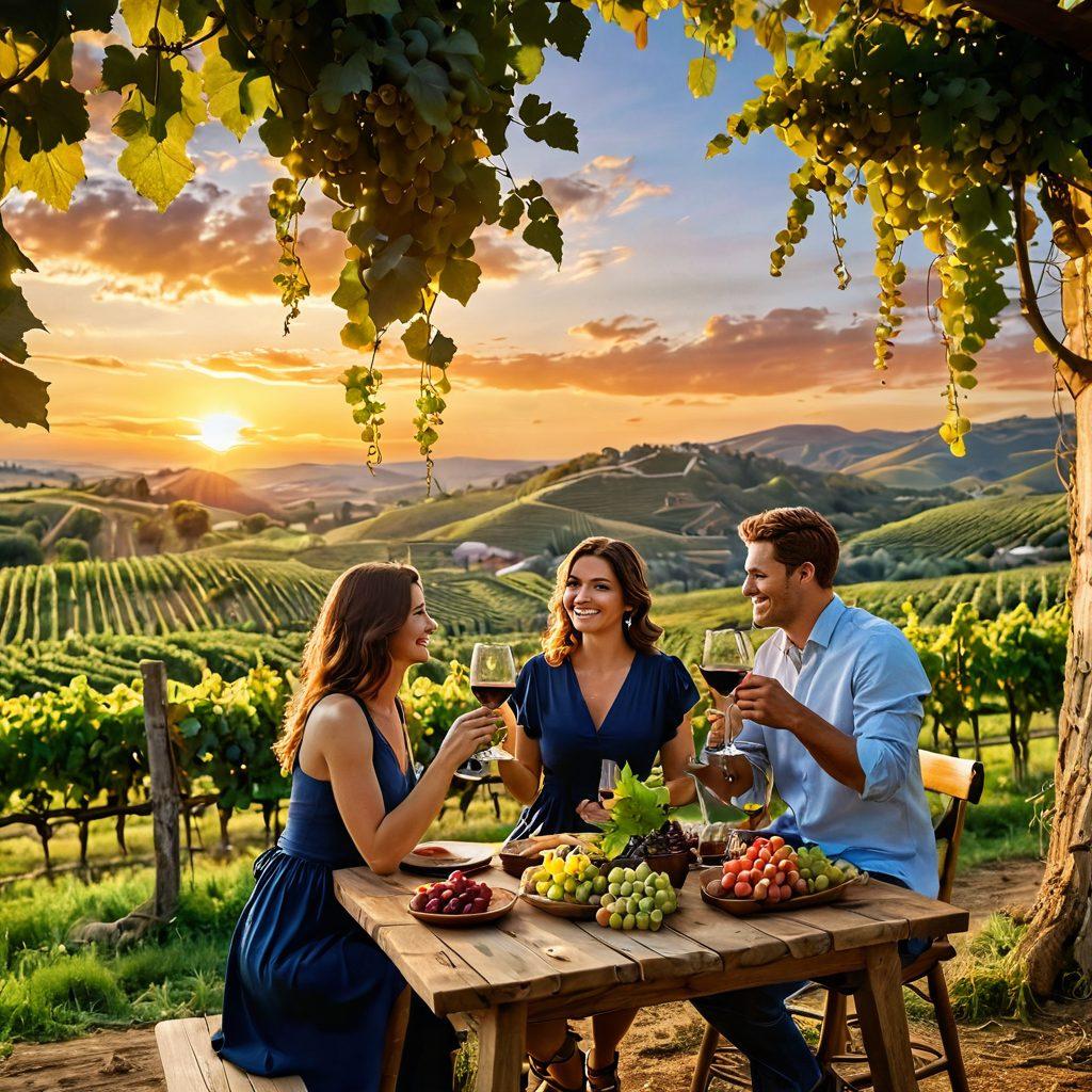 A picturesque vineyard in the golden hour, with clusters of ripe grapes hanging from lush vines. In the foreground, a couple toasting with wine glasses, their faces radiating joy and connection. A rustic wooden table adorned with cheese and fruits, set against rolling hills and a vibrant sunset sky. The scene encapsulates the essence of wine appreciation and shared moments of bliss. super-realistic. vibrant colors. 3D.