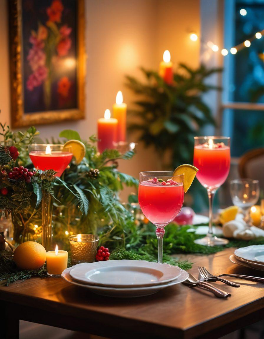 A beautifully set dining table adorned with elegant glassware filled with colorful cocktails and delicacies, surrounded by soft candlelight. In the background, lush greenery and soft-focus fairy lights create a romantic ambiance. The scene depicts a couple laughing and toasting glasses, celebrating joy and sensuality through culinary experiences. Artistic flair with a dreamy, whimsical touch. vibrant colors. painting.