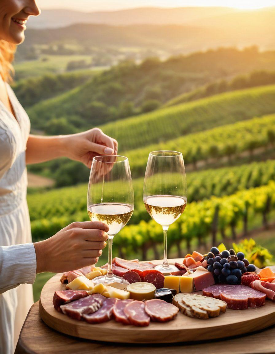 A picturesque vineyard at sunset, with lush grapevines stretching across rolling hills. In the foreground, a couple clinking wine glasses, radiating joy, surrounded by a charcuterie board filled with delectable treats. Soft focus on sparkling wine highlights the theme of indulgence and taste. Gentle bokeh effects create an ethereal ambiance. vibrant colors. romantic atmosphere. painting.